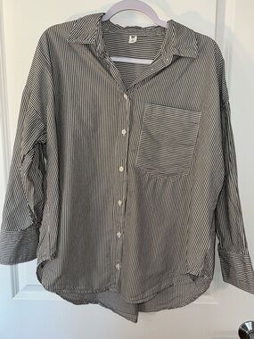 BP Nordstrom Cotton Size Medium Gray & White Vertical Stripe Button-Down Shirt